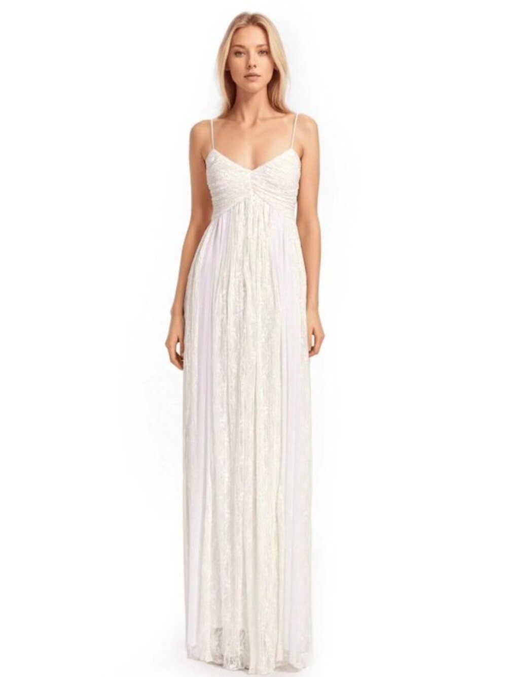 Jewel Badgley Mischka Ivory Pleated Mesh Lace Georgette Gown Size 0
